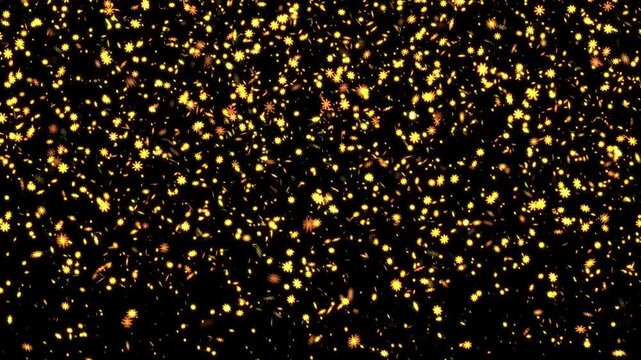 Loop glow gold snow dust stars particles animation motion flow on black abstract Background for sreen project overlay. Gold stars particle on black background motion titles cinematic