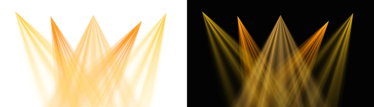 Spotlight beams gold yellow warm lighting shining on concert stage on transparent background. VFX design, theatre stage poster, party, music event.