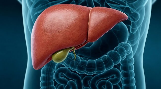 Human liver and gallbladder anatomy diagram with gallbladder, digestive
