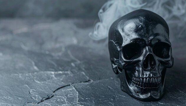 Gothic black human skull with wispy smoke on textured stone background