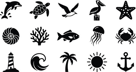 Black and white beach icons set © MDTamizUddin