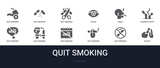 Fototapeta premium Set of 12 solid Quit Smoking icons for dashboards, app screens and website sections. Filled glyph collection including quit smoking, visual, cigarette butt, quit smoking and quit smoking.