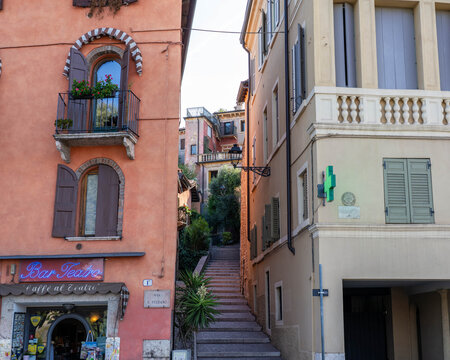 Verona Italy - September 1 2025: Steps Leading Between Two Buildings in Verona Italy Historic District.
