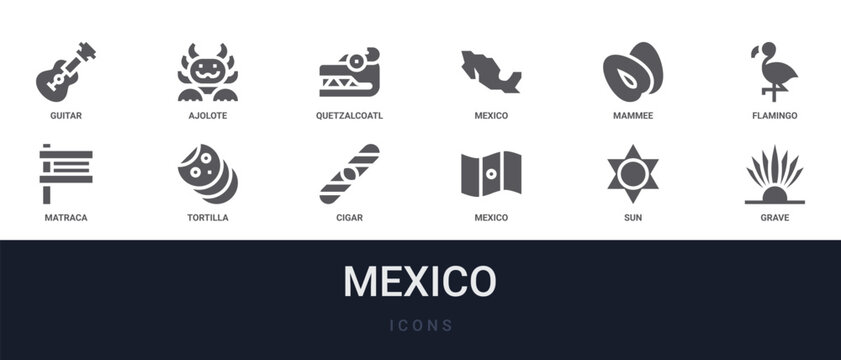 Set of 12 solid Mexico icons for dashboards, app screens and website sections. Filled glyph collection including ajolote, mexico, flamingo, tortilla and cigar.