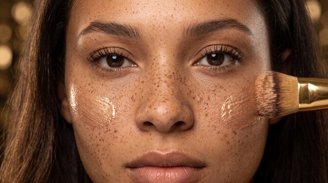 Woman applying foundation with brush on face with freckles