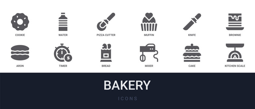 Set of 12 solid Bakery icons for dashboards, app screens and website sections. Filled glyph collection including water, muffin, brownie, timer and bread.