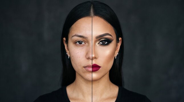 Woman with natural and makeup face contrast