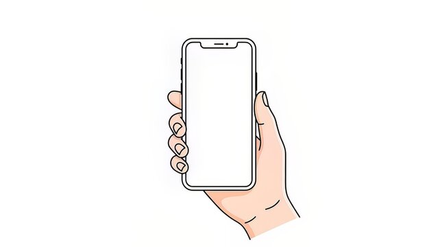 Hand drawn illustration showing a person holding a modern smartphone with a blank white screen isolated on a plain background for simple digital design projects