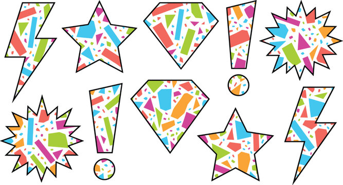 Retro neon confetti sticker shapes vector set featuring bright terrazzo pattern star lightning bolt diamond and exclamation mark icons isolated on white background.