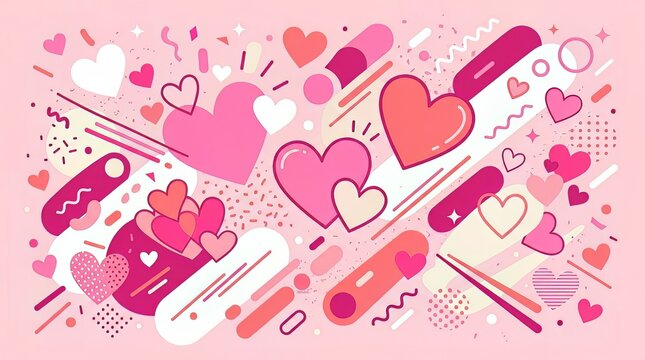 Vibrant collection of various heart shapes arranged in a playful and artistic composition featuring soft pink colors and geometric patterns for a lovely romantic background