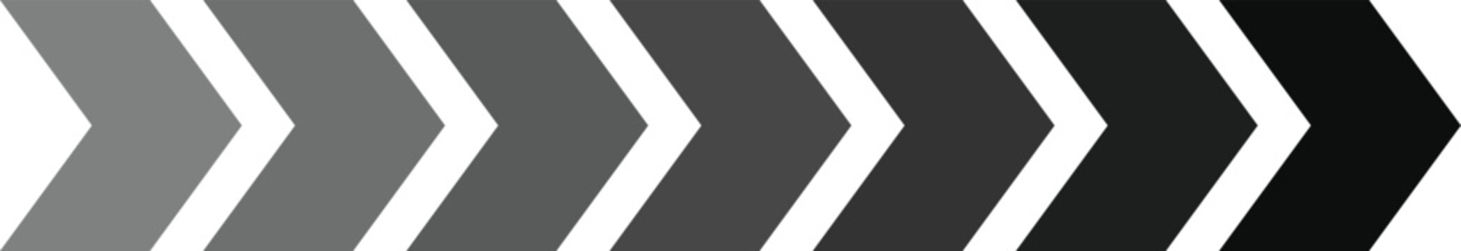 Progress bar with seven gray chevrons moving forward in gradient sequence during a concept of advancement