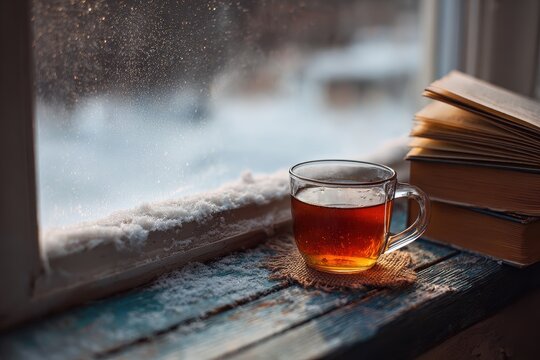 Glass mug of amber tea sitting on rustic snowy windowsill beside old stacked books with blurred winter landscape outdoors, soft golden hour lighting creating cozy nostalgic peaceful scenery.