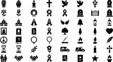 Funeral service memory elements solid black glyph icons set for mourning burial cemetery condolence card design vector © MstLaky