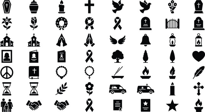 Funeral service memory elements solid black glyph icons set for mourning burial cemetery condolence card design vector