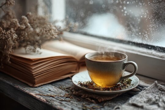 Steaming cup of herbal tea and open vintage book on rustic wooden windowsill during rainy autumn day, soft natural lighting, peaceful hygge atmosphere, cozy indoor setting with dried herbs.
