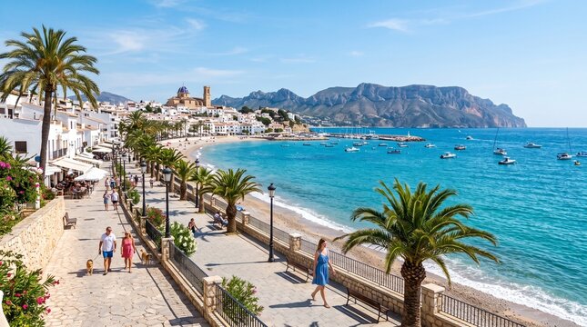 Altea town embankment promenade with palm trees on Costa Blanca coast, coastline Altea bay Mediterranean Sea with azure water, mountain range on horizon in sunny summer day, Alicante province, France