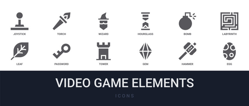 Set of 12 solid Video Game Elements icons for dashboards, app screens and website sections. Filled glyph collection including torch, hourglass, labyrinth, password and tower.