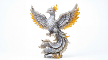 Naklejka premium A stunning gemstone phoenix sculpture with intricate details and shimmering colors on a clean white background