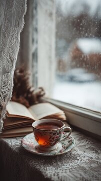 Cozy winter morning with a vintage tea cup on a lace windowsill beside an open book, soft natural light highlighting the rainy window pane and a blurry snowy forest landscape for hygge vibes.