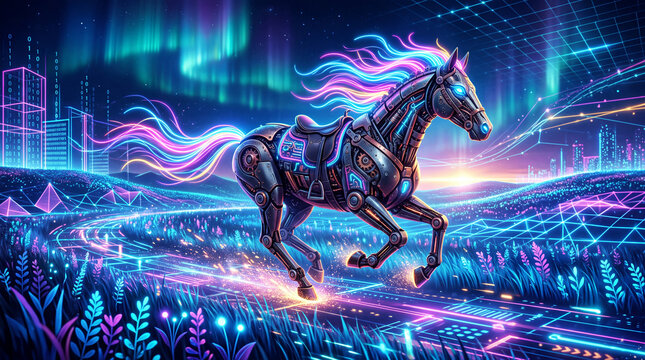 A mechanical horse galloping through a vibrant, neon-lit futuristic landscape under a colorful aurora