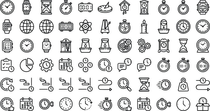 Collection of various clock and time icons in black line art on white background