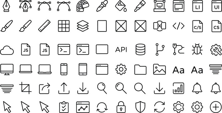 Graphic design and web development linear outline icons set for programming UI UX software coding application vector