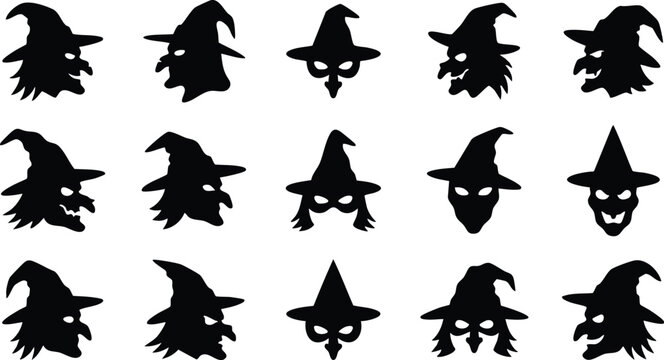 Fifteen black silhouettes of witch faces and masks with pointed hats for halloween costume, spooky character, and festive holiday