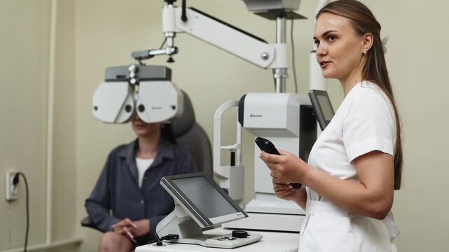 Young woman during a vision test with a phoropter in a modern ophthalmology office. Concept vision screening, eye health, ophthalmology, optometry, medical technology.