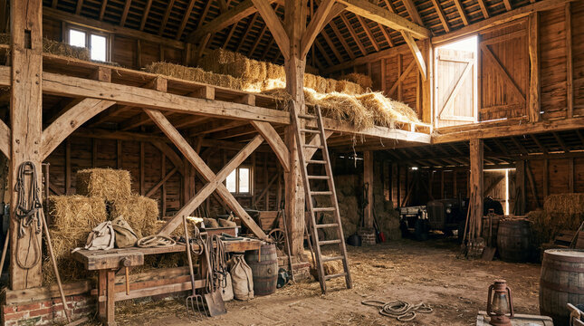 Rustic barn interior showcasing wooden beams, hay bales, and vintage tools in a warm, inviting atmosphere
