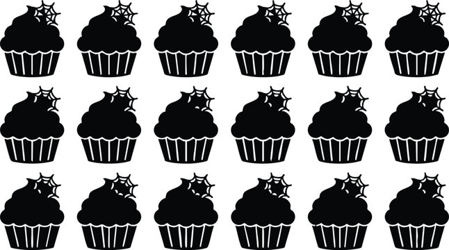 Set of black cupcake silhouettes with spider web decorations, isolated on a white background, halloween party food