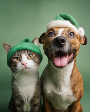 Happy brindle dog and tabby cat sitting together wearing green holiday elf hats against a solid green background with soft studio lighting for festive Christmas cheer and pet friendship.