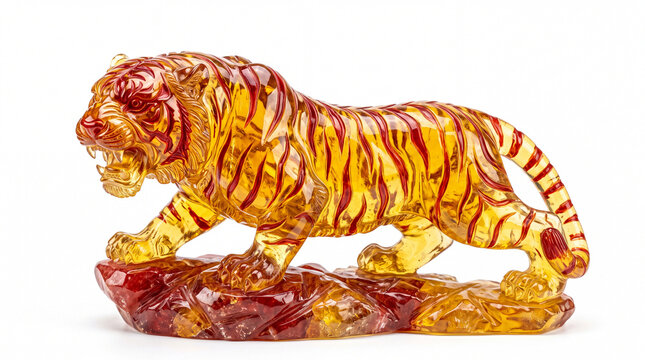 A vibrant amber tiger sculpture with intricate detailing, showcasing bold stripes and a fierce pose