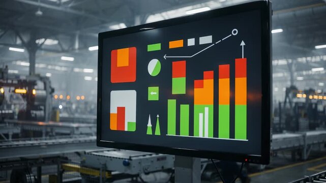 Focused medium shot of a monitoring screen showing live status of industrial machinery performance sensor alerts highlighted against an outoffocus factory floor.