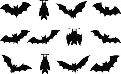 Fototapeta premium Twelve black bat silhouettes featuring flying poses and hanging positions for halloween projects on a white background