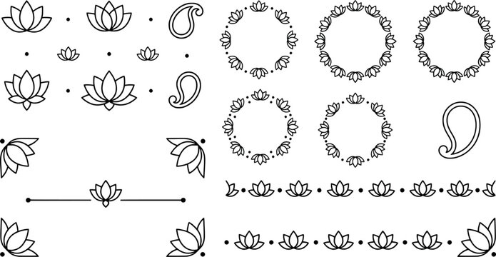 Minimalist lotus and paisley design elements and frames transparent background