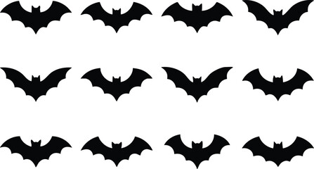 Fototapeta premium Twelve black bat silhouettes in diverse flying positions arranged in a grid isolated on a white background, for halloween imagery