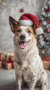 Happy Australian Cattle Dog wearing a red Santa hat sitting in a festive indoor studio with a Christmas tree, red ornaments, gifts, and warm bokeh lights on a gray background during holidays.
