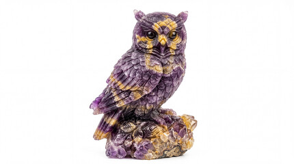 Obraz premium A beautifully crafted amethyst owl sculpture sitting on a rocky base, showcasing intricate details and vibrant colors