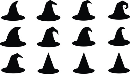 Twelve black silhouettes of various pointed witch hats for halloween costumes, magic themes, and festive holiday © GFX