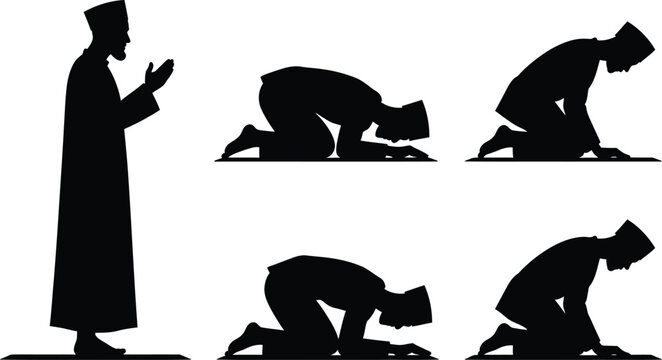 Muslim prayer sequence silhouette imam and worshippers in prostration