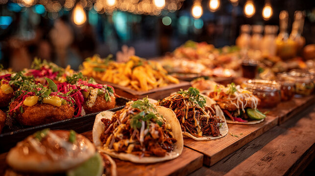 Assorted Mexican Street Food Tacos on Rustic Wooden Serving Boards, Colorful Gourmet Taco Bar with Fresh Toppings, Authentic Fiesta Buffet, Casual Dining and Food Market Concept