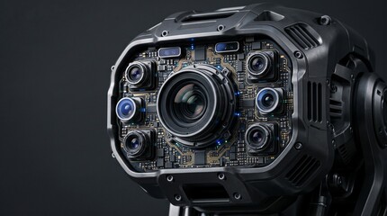 Fototapeta premium A close-up 3D render of a futuristic robotic vision system, featuring a complex multi-camera lens array integrated onto a detailed gold AI circuit board inside dark mechanical armor.