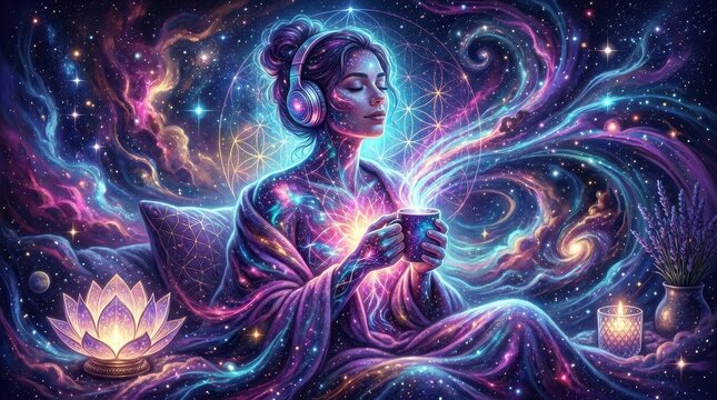 Cosmic Sound Healing Meditation: Woman with headphones connecting to universal energy, sacred geometry, and spiritual self-care for mindfulness and inner peace.