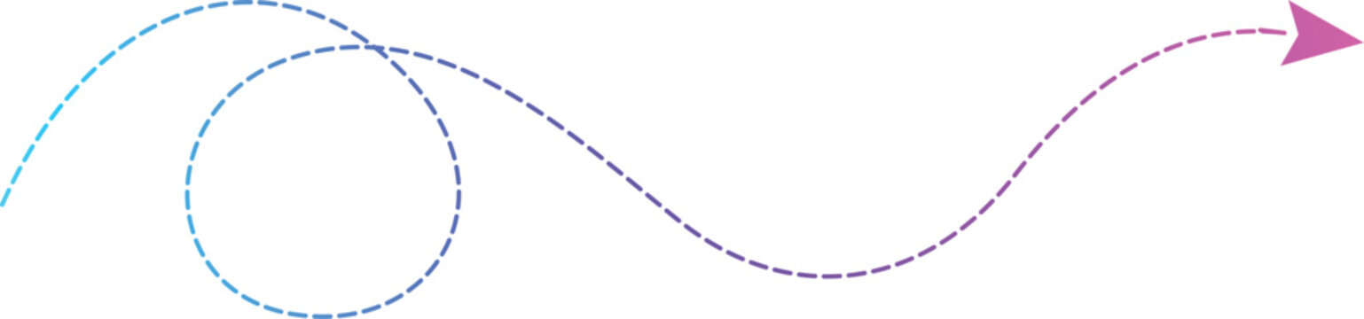 Dotted arrow curving forward with a loop against a white background during a gradient transition