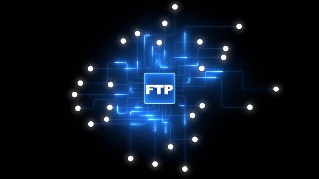 Blue Neon FTP Processor Chip with File Transfer Protocol Network, Secure Data Exchange, Cloud Hosting, Server Communication and Modern Digital Technology Illustration.