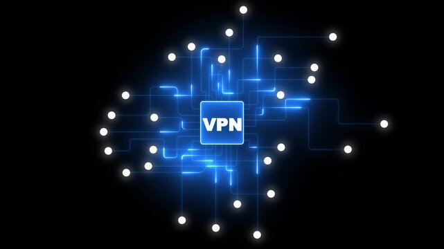 Blue Neon VPN Processor Chip with Secure Encrypted Network Connections, Anonymous Internet Access, Online Privacy Protection and Digital Cuber Security Technology Isolated on Black Background.