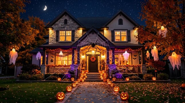 Suburban house decorated for Halloween with jack-o'-lanterns and hanging ghosts