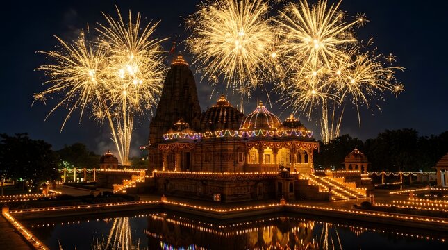 Golden fireworks exploding above an illuminated Indian temple at night