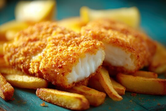 Golden breaded fish fillet cut open with crispy french fries on blue rustic table, soft natural light, delicious seafood meal, white flaky fish meat, professional food photography, warm mood.