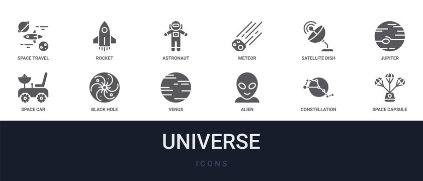 Set of 12 solid Universe icons for dashboards, app screens and website sections. Filled glyph collection including rocket, meteor, jupiter, black hole and venus.